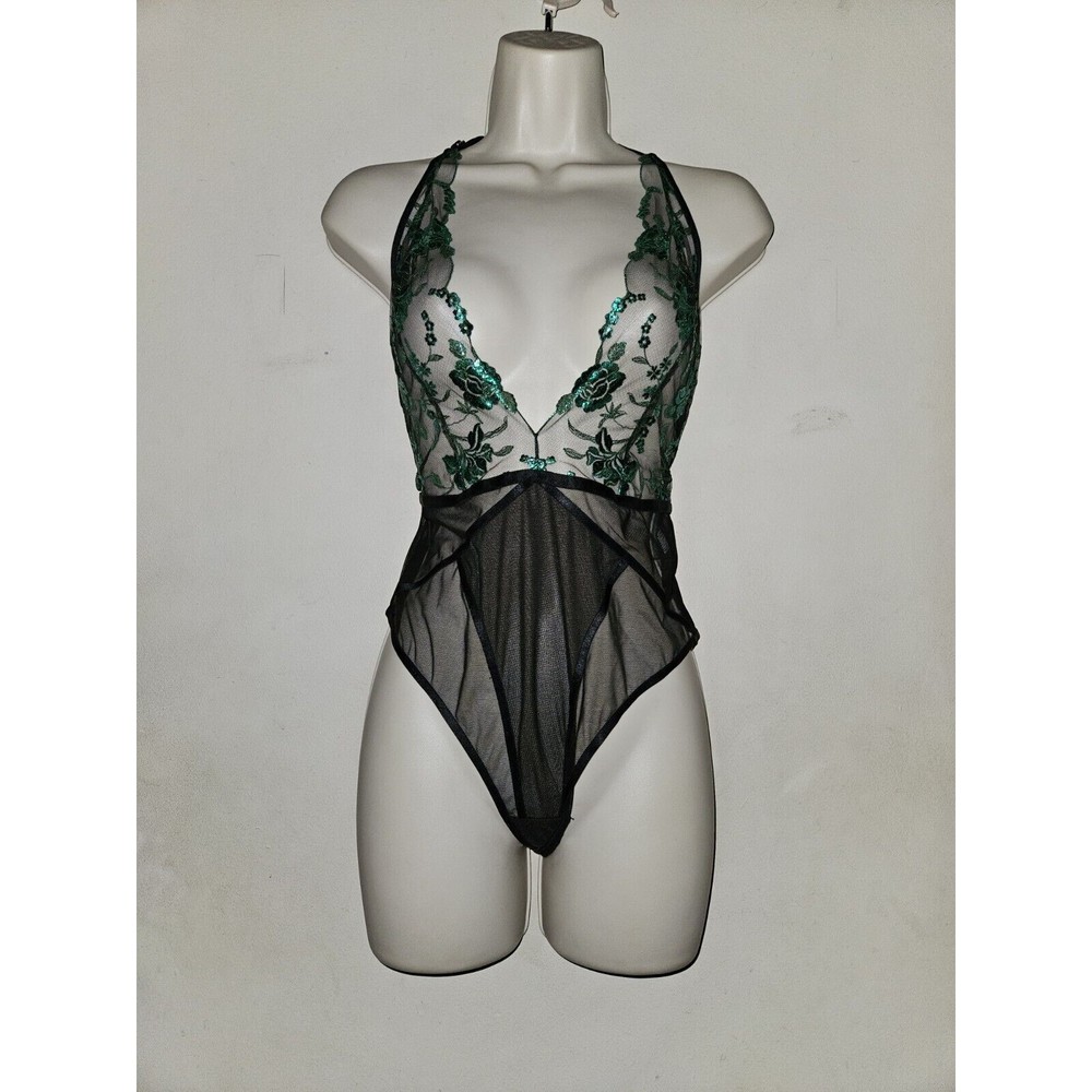 Honey Birdette Whitney Playsuit Bodysuit black with green metallic sz Small NWT